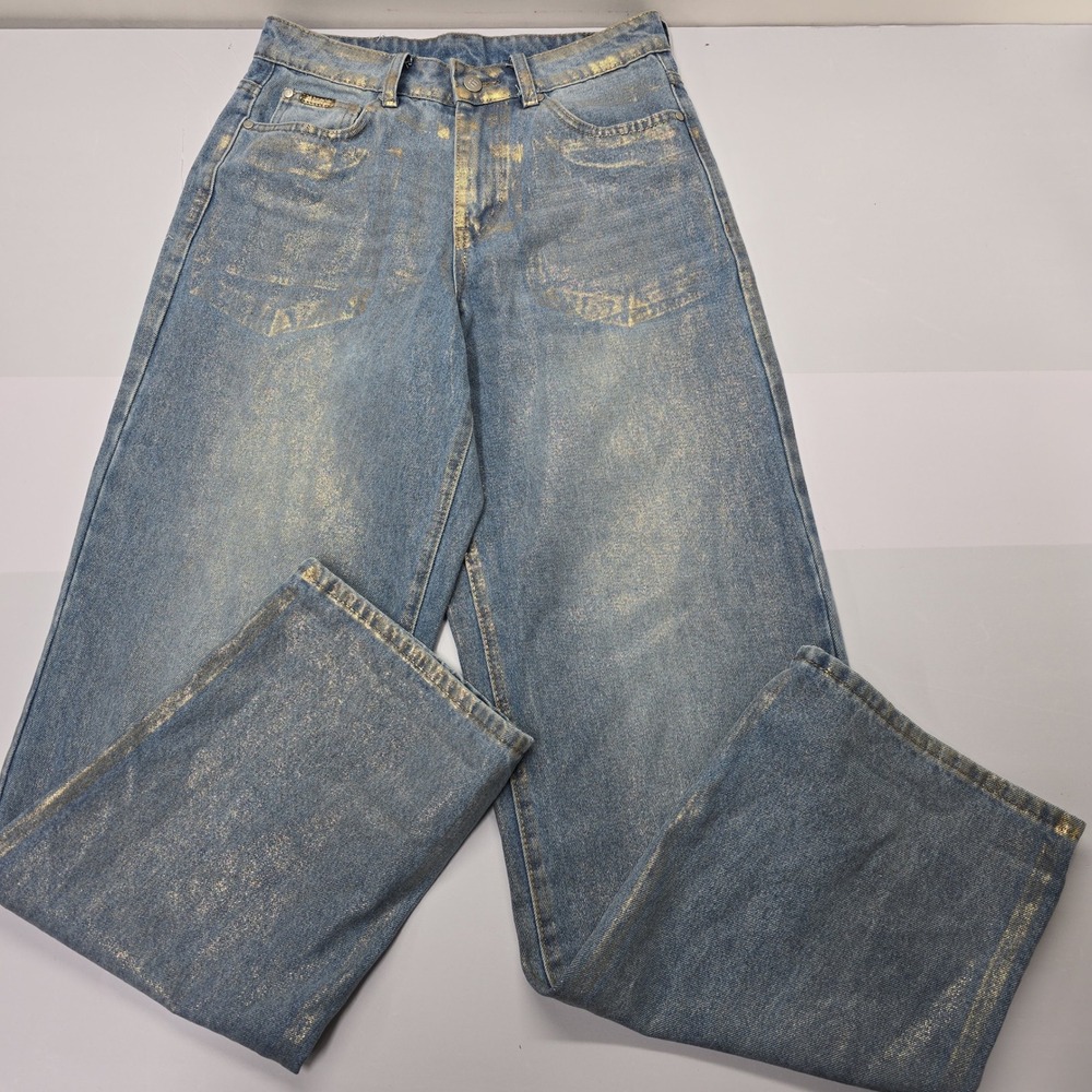 AFRZ Gold Metallic Coated Wide Leg Jeans Blue‎ Denim High Rise sz 25 Streetwear - Picture 2 of 8